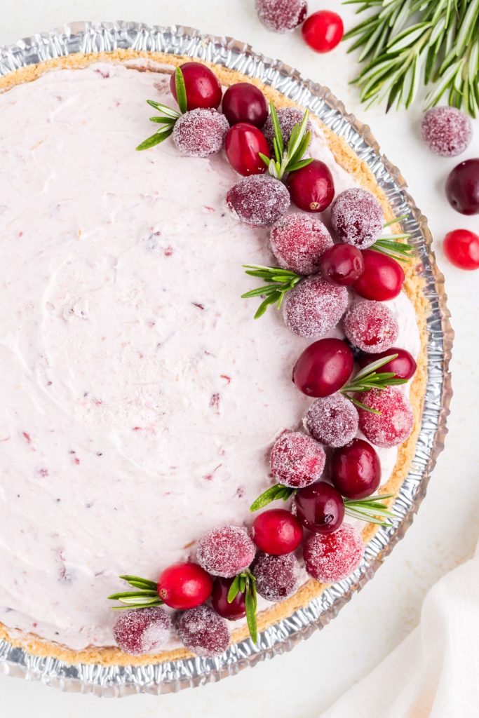 No-bake cranberry pie decorated with sugared cranberries. 