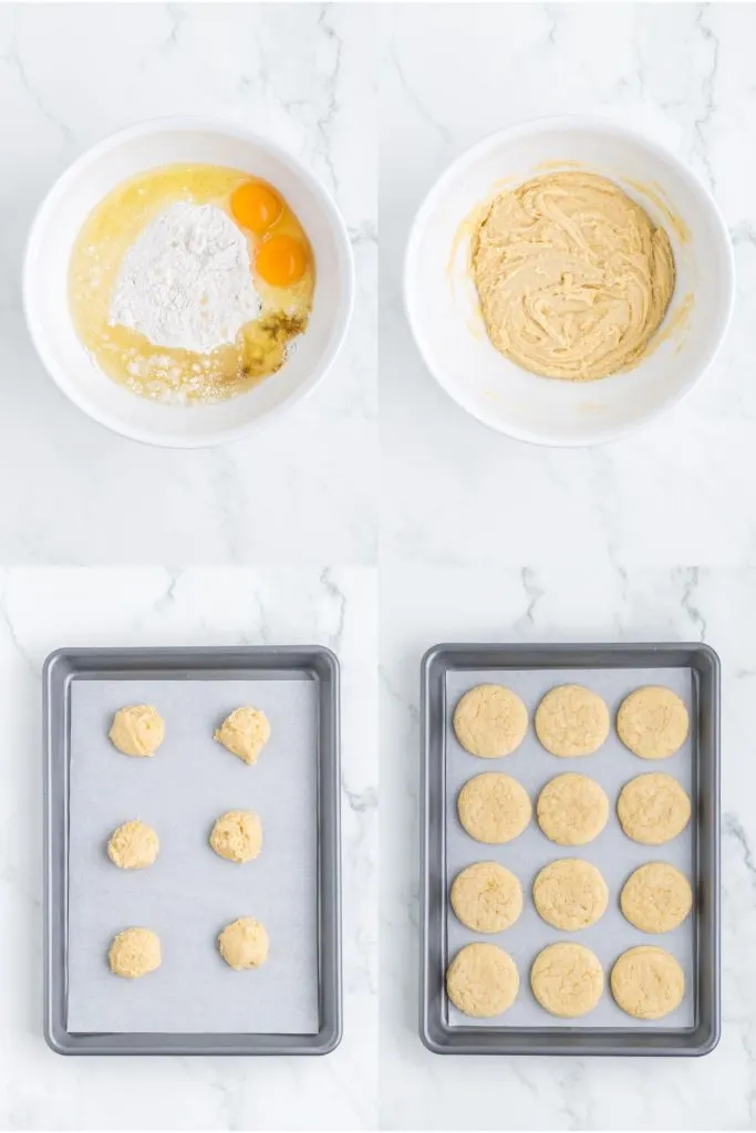 Collage showing four steps to make cake mix cookies.
