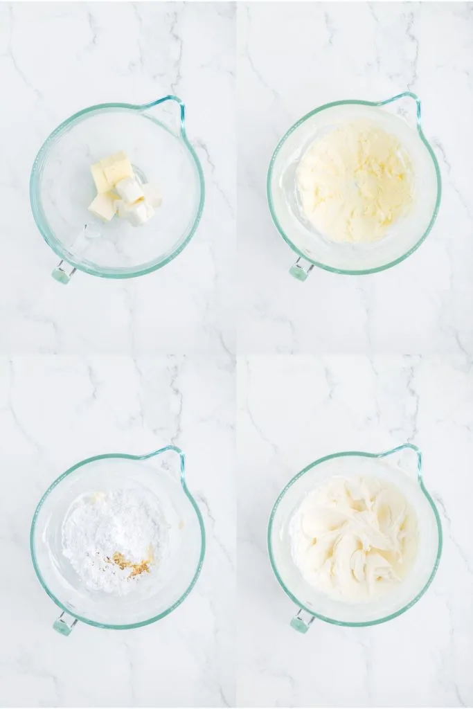 Collage showing four steps to make cream cheese frosting.