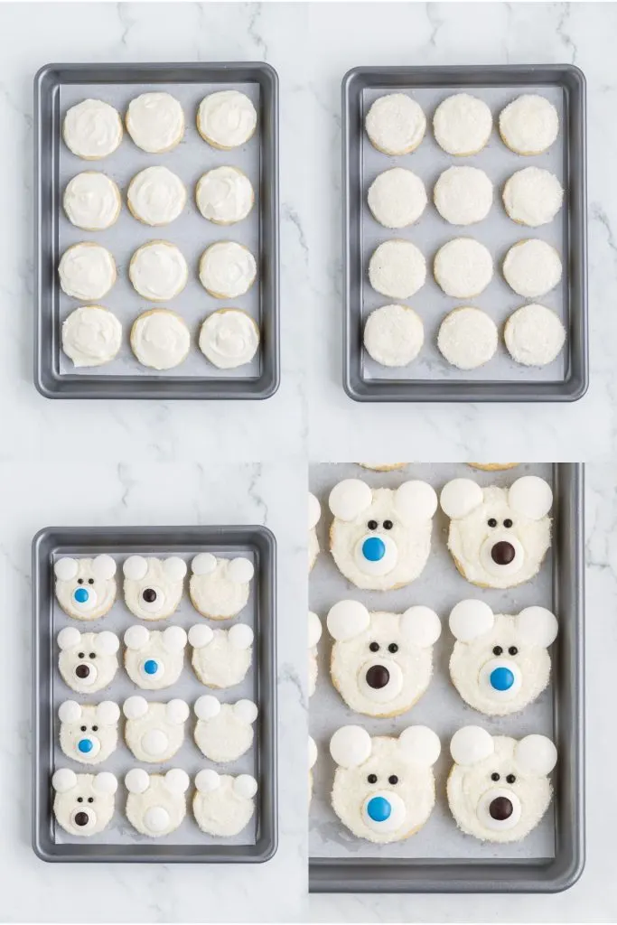 Collage showing four steps to decorate the polar bear face cookies