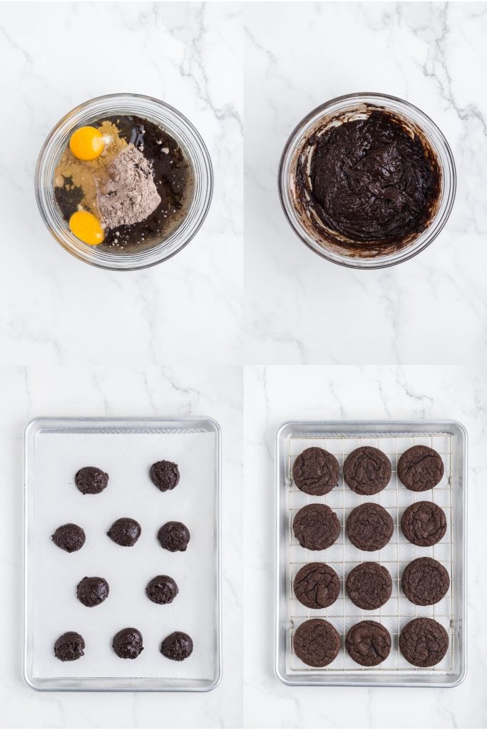 Collage showing four steps to make cake mix cookies