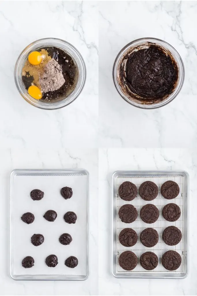 Collage showing four steps to make cake mix cookies