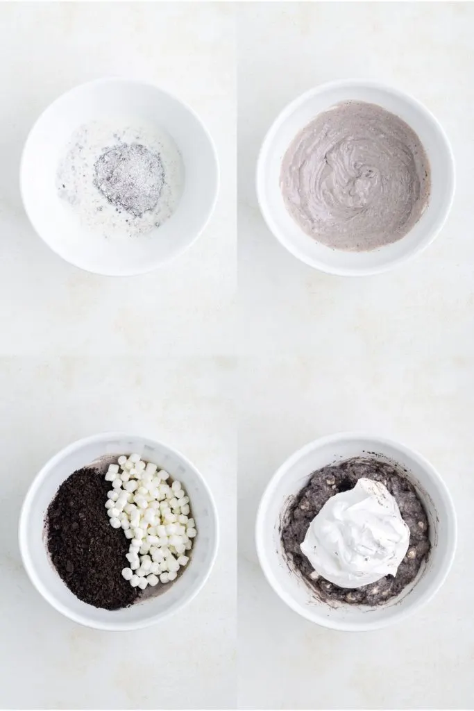 Collage showing four steps to make the dessert. 