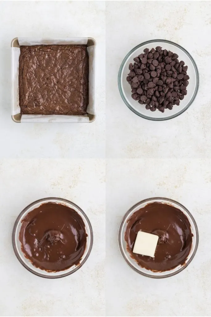 Collage showing the process of making the ganache layer for the brownies