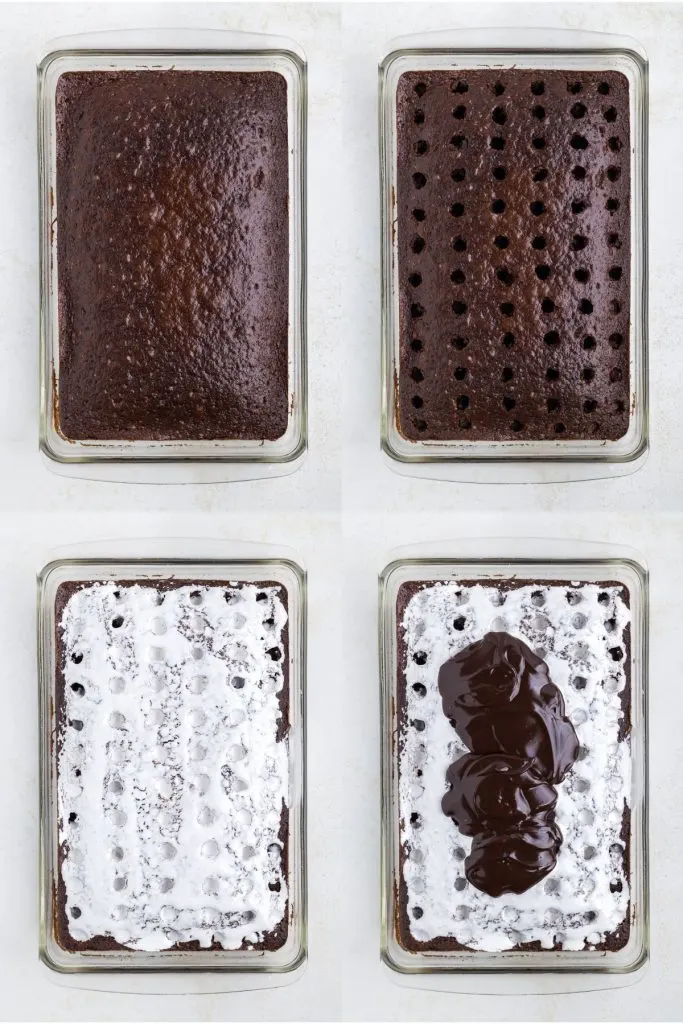 Step-by-step Hot Chocolate Poke Cake creation: Baked cake, poked holes, marshmallow fluff, and hot fudge.
