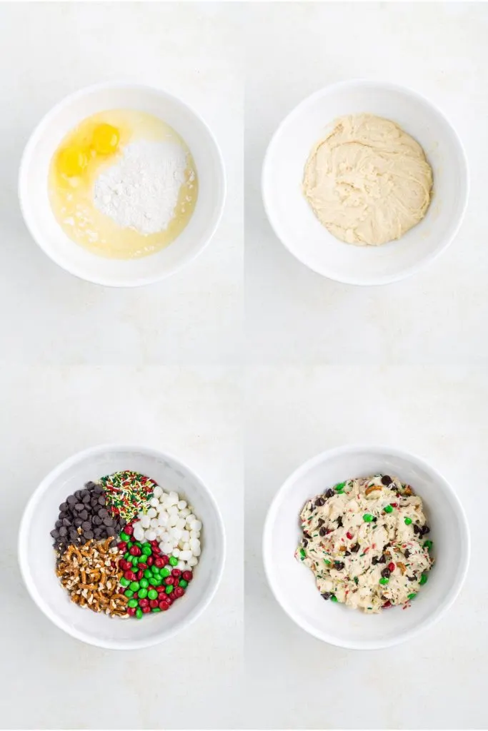 Collage showing four steps to make the cookie dough. 
