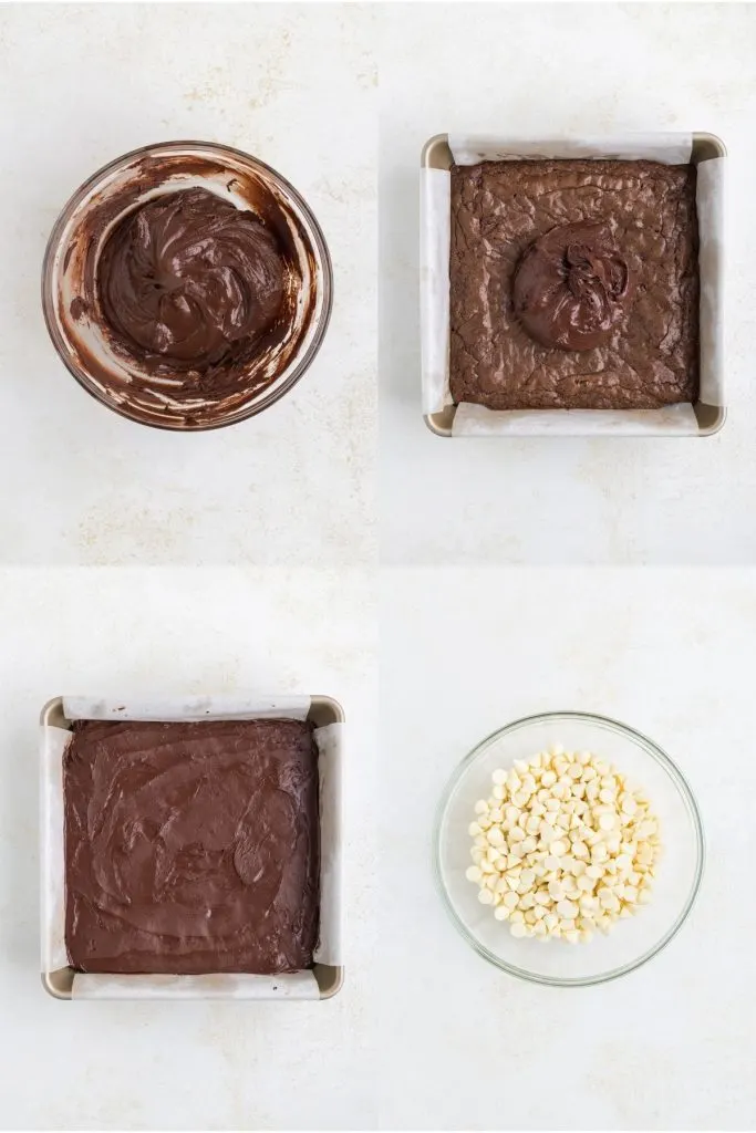 Collage showing ganache layer being spread on brownies