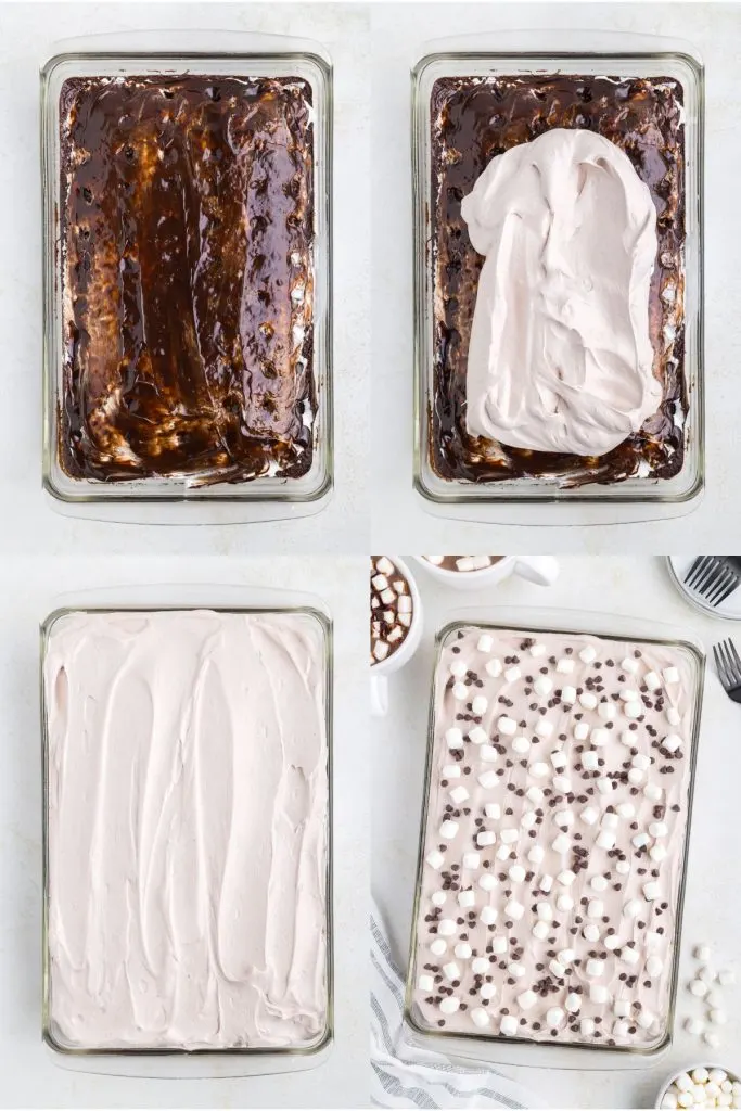 Step-by-step process for Hot Chocolate Poke Cake: hot fudge, chocolate topping, marshmallows, and chocolate chips 