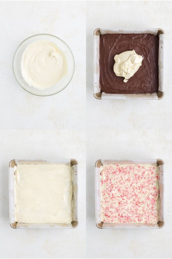 Collage showing four steps to top the brownies with white chocolate and crushed candy canes