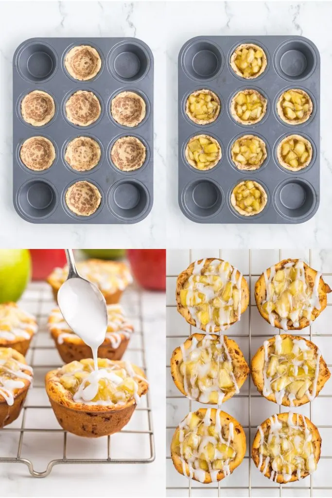 Collage showing process for making mini cinnamon roll apple pies