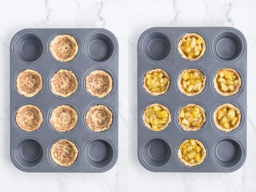 Two muffin trays sit side-by-side; the left holds empty cinnamon roll crusts, while the right shows these shells filled with apple pie filling.