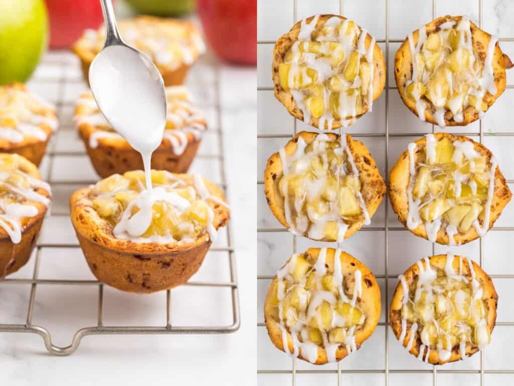 Six Cinnamon Roll Mini Apple Pies topped with white icing rest on a cooling rack; one pie is being drizzled with icing from a spoon.