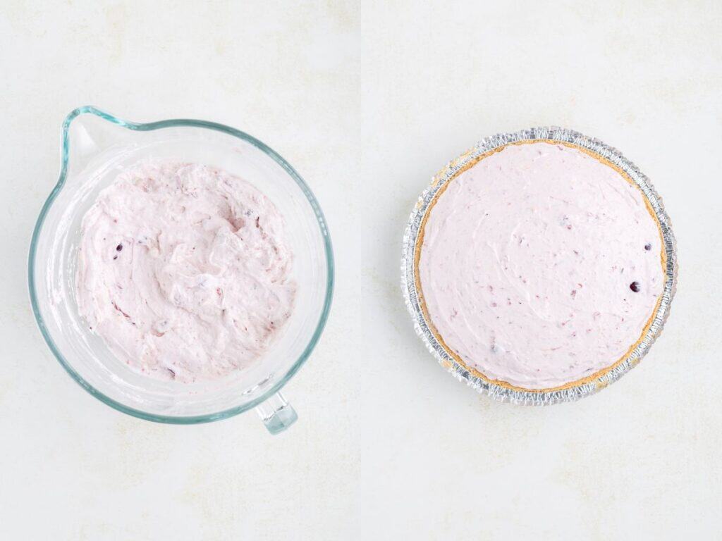 Glass bowl with pink cranberry pie filling on left; filled pie crust with same creamy mixture on right.
