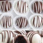 Chocolate and white Oreo truffle balls in paper cups, chocolate-drizzled; one has a bite showing dark Oreo filling.