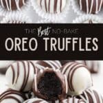White and dark chocolate-drizzled Oreo truffle balls, some stacked, one with a bite exposing Oreo filling.