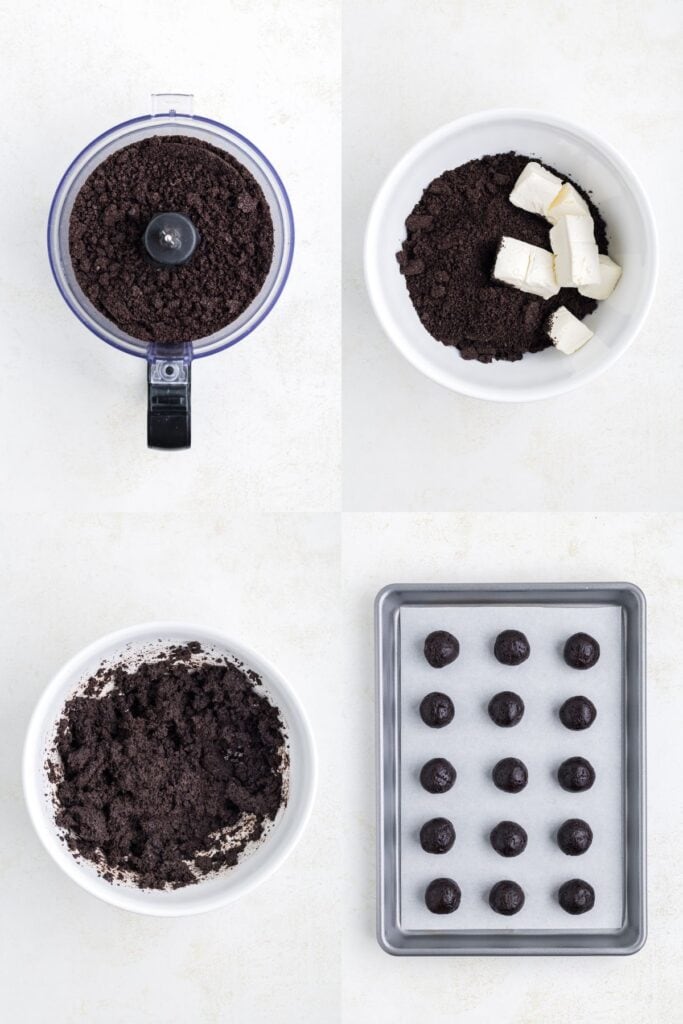 Step-by-step Oreo Truffle Balls making: crushing cookies, mixing with cream cheese, blending dough, shaping truffles.