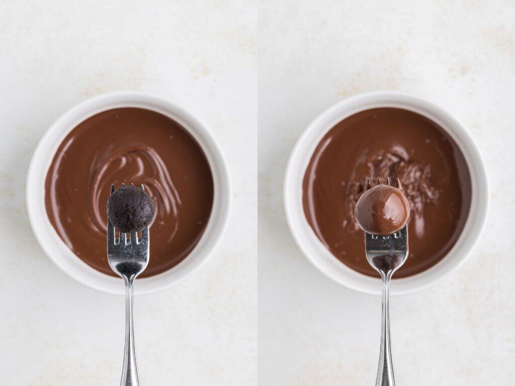 Fork holds Oreo Truffle Ball before and after dipping in melted chocolate, shown in two side-by-side images.