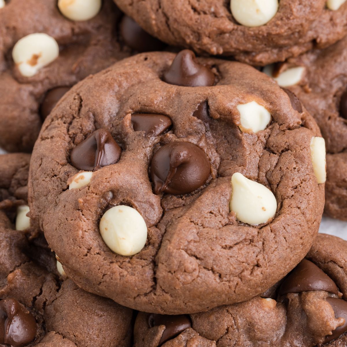 Pile of triple chocolate cake mix cookies.