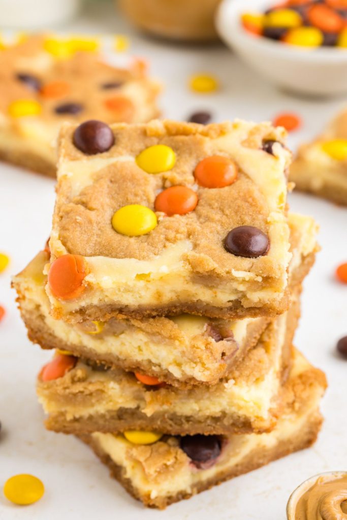 Stack of Peanut Butter Cookie Cheesecake Bars.