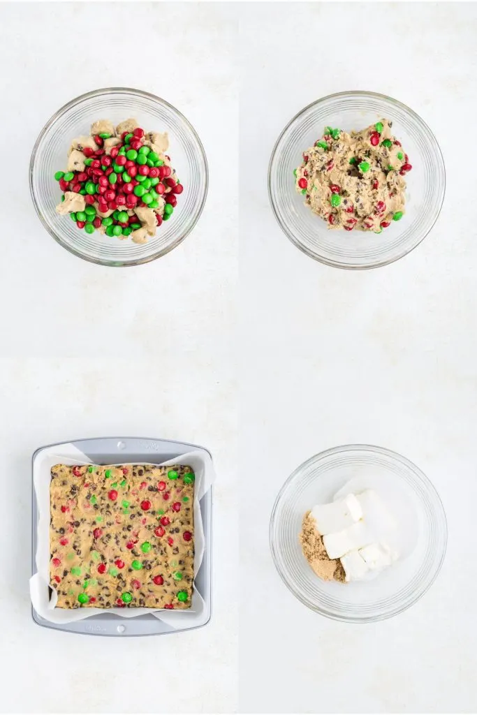 Collage showing four steps to make the cookie bars.