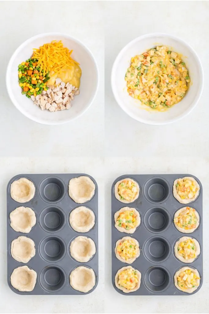 Collage showing four steps to make the pies.