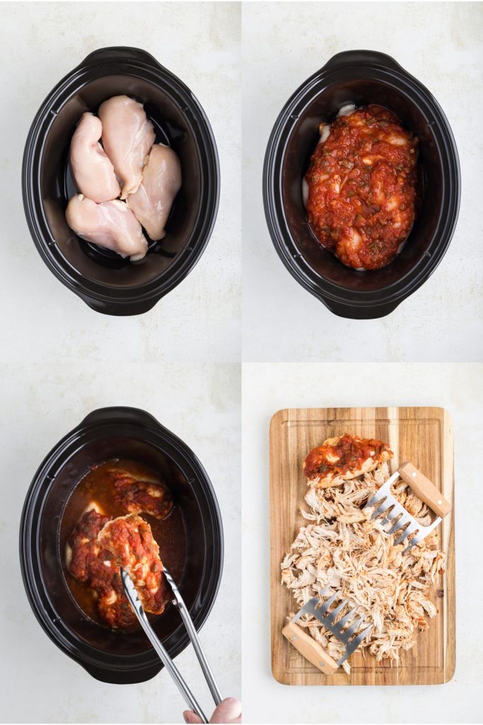 Collage showing four steps to make the chicken.
