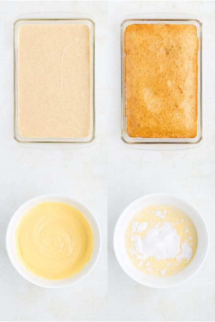 Collage showing four steps to make the cake and pudding.