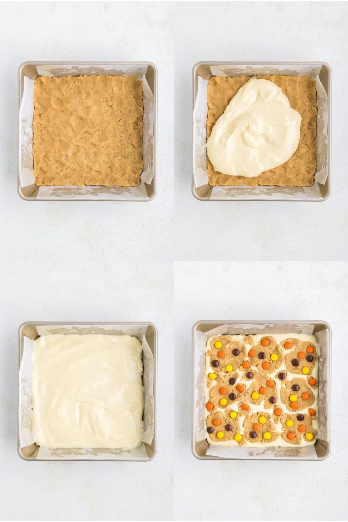 Collage showing four steps to make the cookie bars.