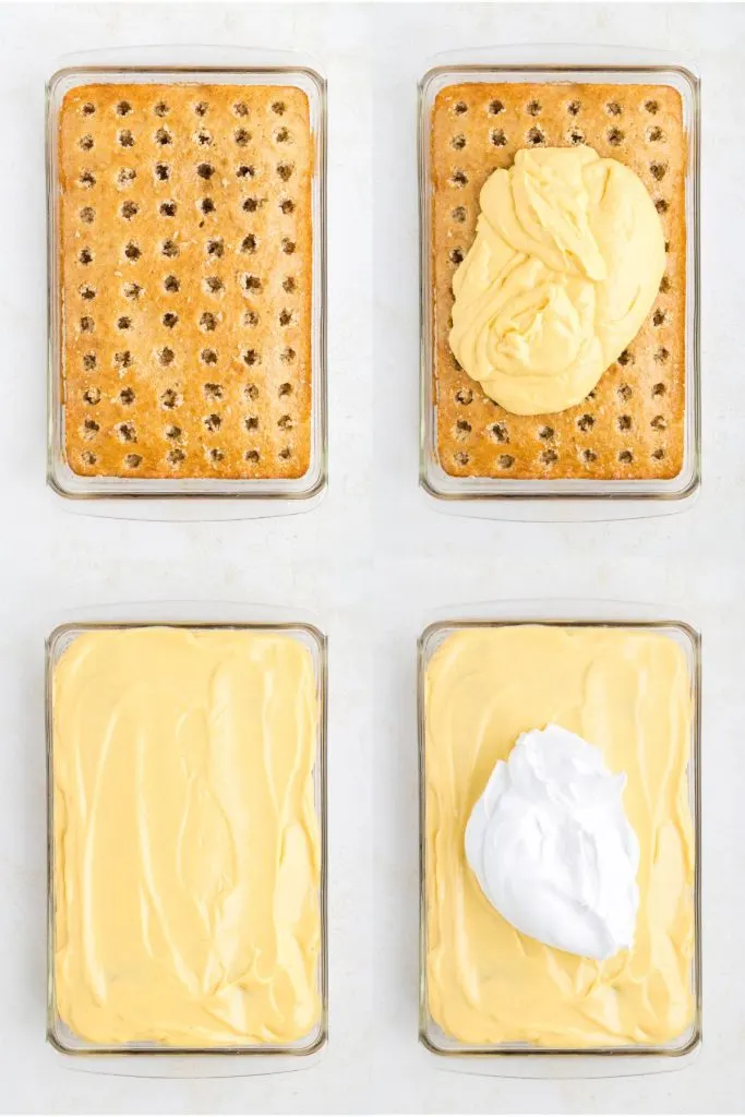 Collage showing four steps to add the pudding and whipped topping to the cake.