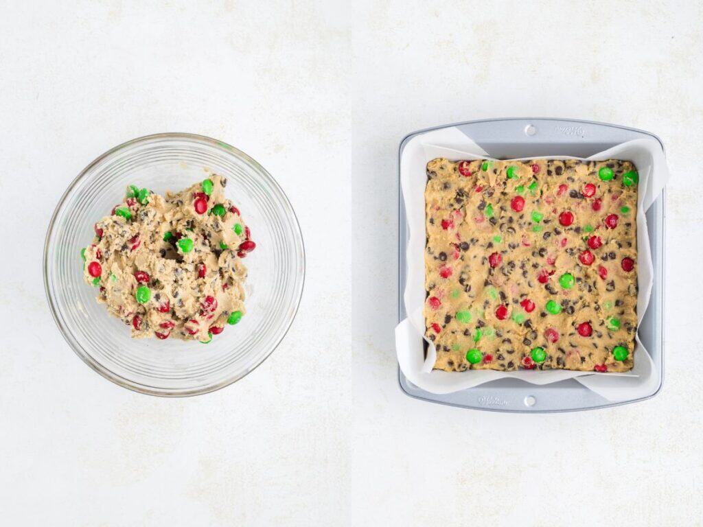 Cookie dough with red and green candies in a glass bowl beside a baking pan with pressed dough for bars.