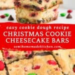 Four Christmas cookie cheesecake bars with red and green candies stacked on a plate. Text: Christmas Cookie Cheesecake Bars.