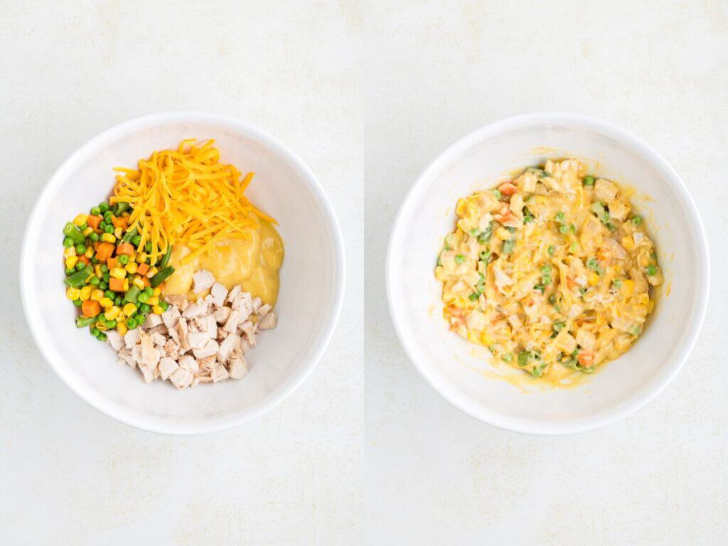 Two bowls side by side: Left bowl with ingredients for mini chicken pot pies—shredded cheese, mixed vegetables, cubed chicken, cream; right bowl shows everything blended into a savory mix.