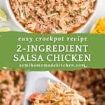 Bowl of shredded salsa chicken with lime and cilantro, close-up spoonful, text: “2-Ingredient Salsa Chicken.”.