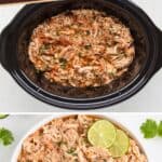 Overhead shot of shredded salsa chicken in slow cooker and bowl, garnished with lime, cilantro, and title text.