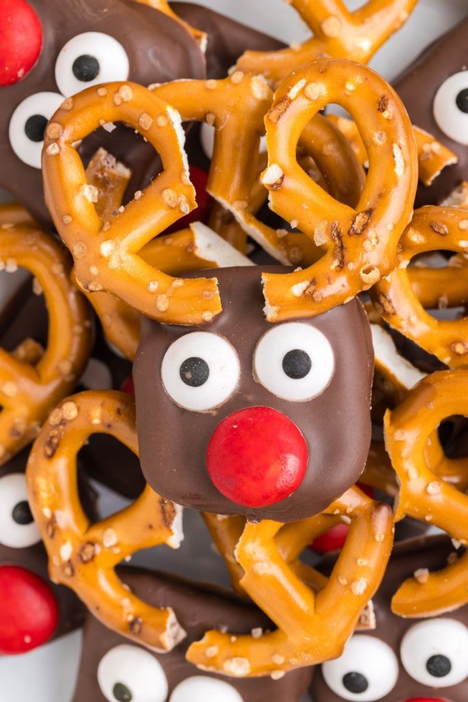 Pretzel Reindeers stacked on top of each other. 