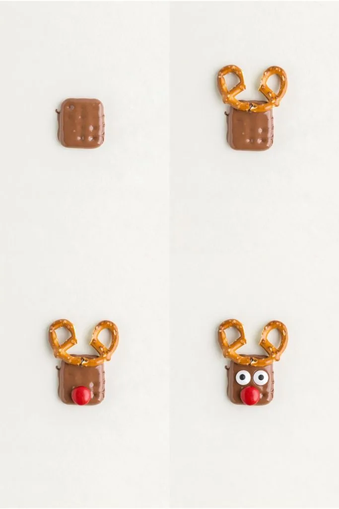 Collage showing four steps to decorate the reindeer. 