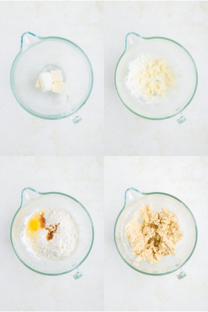 Collage showing four steps to make the cookies.