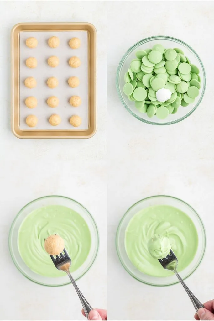 Collage showing four steps to decorate the truffles.