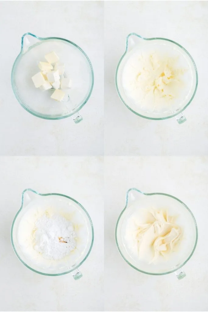 Collage showing four steps to make the frosting.