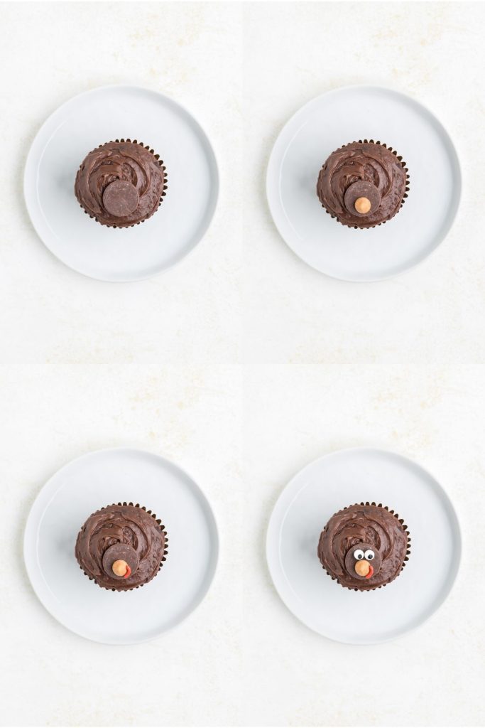 Collage showing four steps to make the cupcakes.