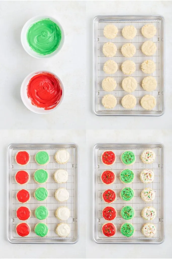 Collage showing four steps to decorate the cookies.