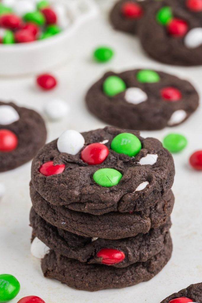 Stack of Chocolate Cake Mix Christmas Cookies with M&Ms.