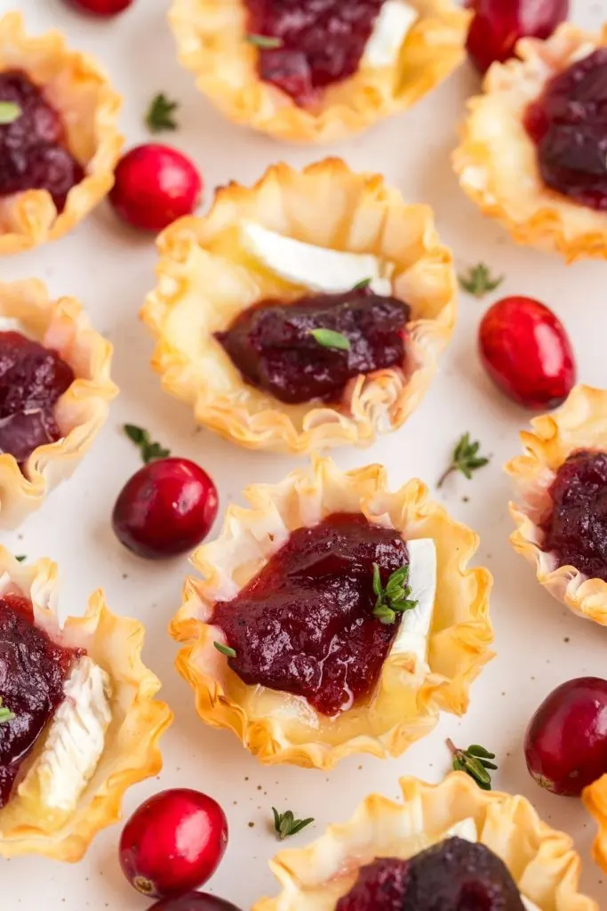 Brie and cranberry phyllo cups arranged on a plate surrounded by fresh cranberries. 