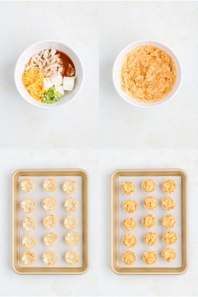 Collage showing four steps to make the appetizer.