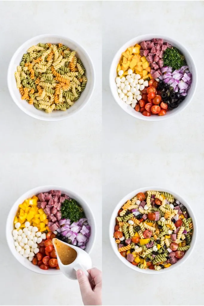 Collage showing four steps to make the salad.