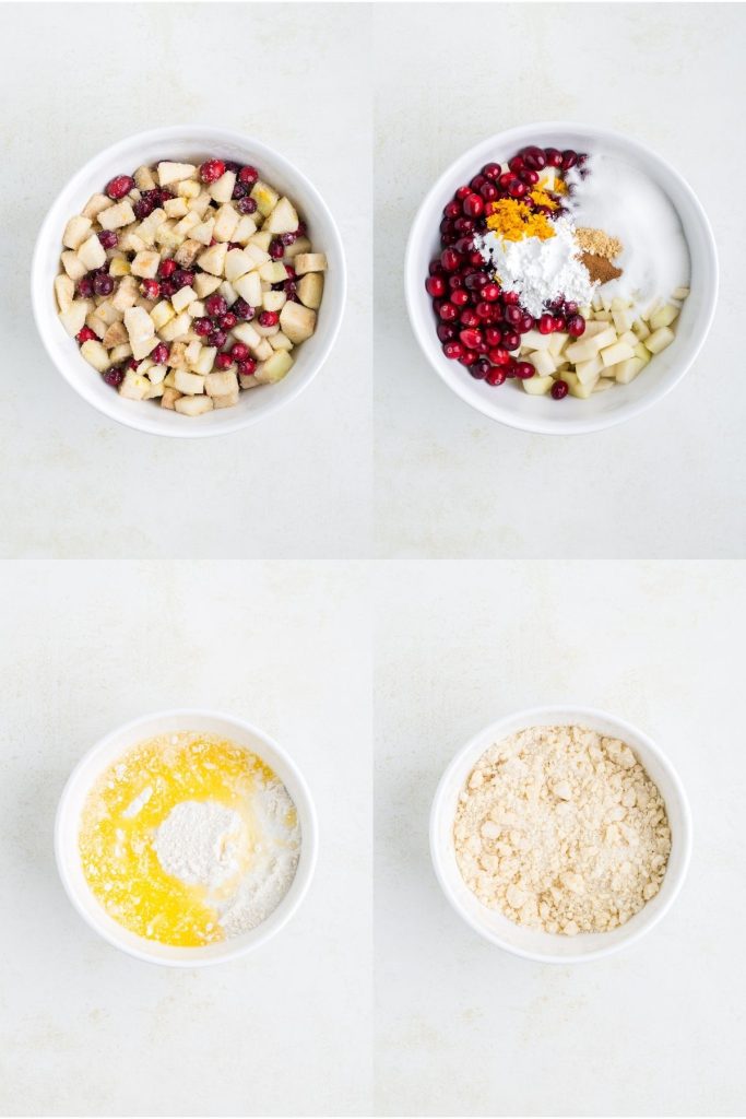 Collage showing four steps to make the crumble.