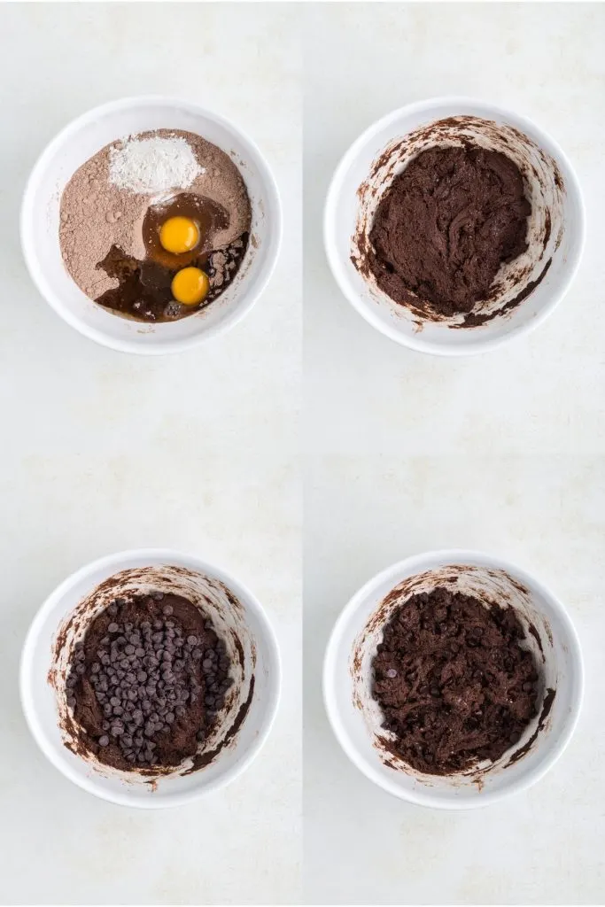 Collage showing four steps to make the cookie dough. 