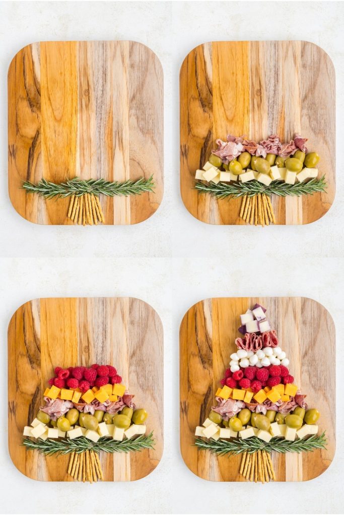 Collage showing four steps to assemble the Christmas Tree Charcuterie. 