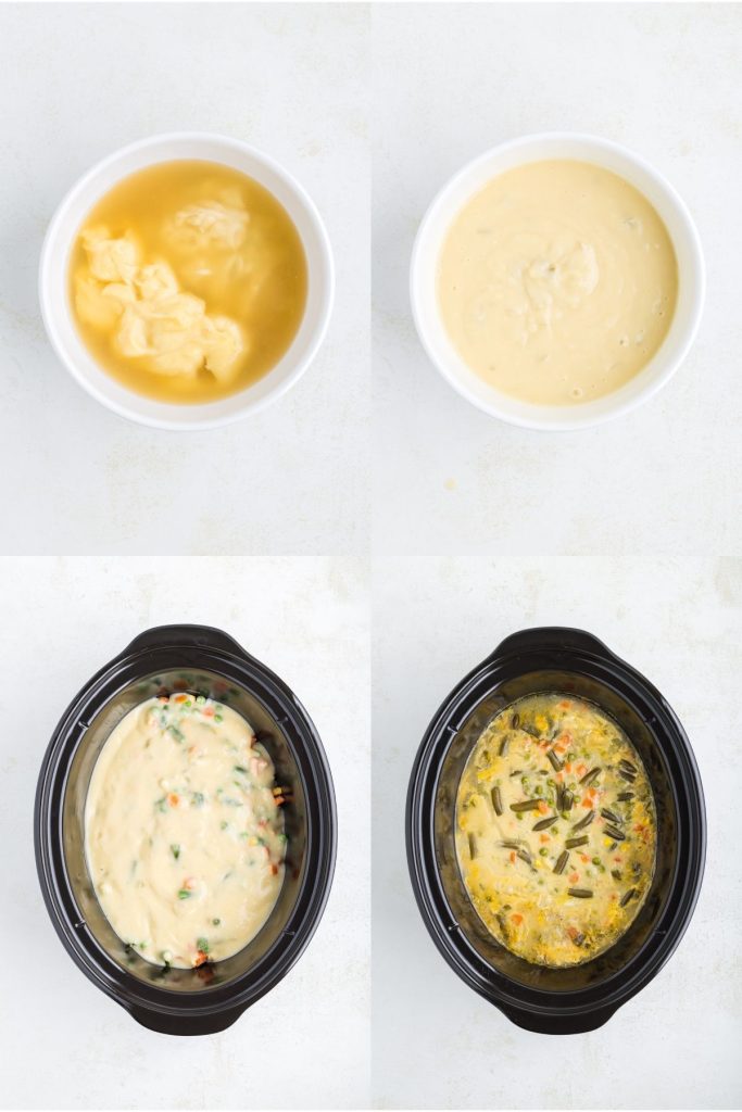 Collage showing four steps to make the pot pie.