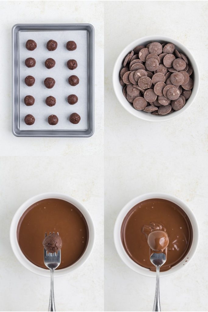 Collage showing four steps to make the truffles.